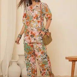 WineRed Printed Cotton Puffed Sleeves Tunic With Trousers Co-Ords-picture-1