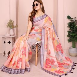 DIVASTRI Floral Printed Zari Detail Tasselled Linen Bhagalpuri Saree-picture-20