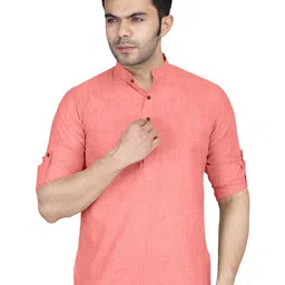 Zombom Men Band Collar Roll-Up Sleeves Straight Kurta-image-43