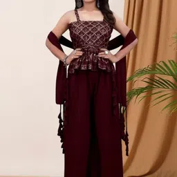 PARROT CREATION Floral Embroidered Georgette Shoulder Straps Kurti With Palazzos & Dupatta-50