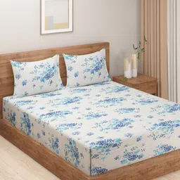 SWAYAM Blue & White Floral 160 TC King Bedsheet with 2 Pillow Covers-image-39