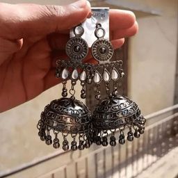 OPUS GEMS Artificial Stones Studded Dome Shaped Oxidised Jhumkas-image-101