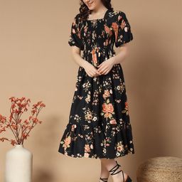 Krunal Raiyani Floral Printed Square Neck Smocked Puff Sleeve Fit & Flare Tiered Dress-picture-8
