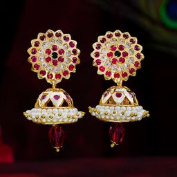 Subham Jewellers Gold-Plated CZ Studded & Artificial Beaded Dome Shaped Jhumkas-27
