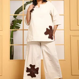 DEEBACO Plus Size Embroidered Cotton V Neck Top With Trousers Co-Ords-58