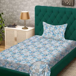 KLOTTHE Blue Floral Printed 300TC Fitted Single Bedsheet Set 2.25m x 1.50 m-image-38