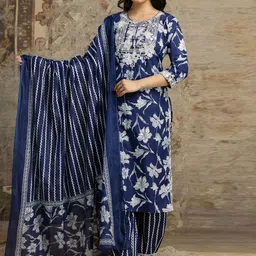 Moda Rapido Floral Printed Mirror Work Notch Neck Pure Cotton Kurta With Patiala & Dupatta-picture-30