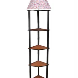 Devansh Brown & White Printed Conical Wooden Shelf Floor Lamp-17
