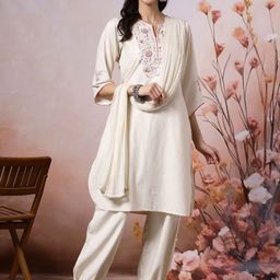 Nayam By Lakshita Women Floral Embroidered Regular Thread Work Pure Cotton Kurta with Palazzos & With Dupatta-image-56
