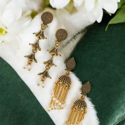 ANIKAS CREATION Set Of 2 Gold-Plated Artificial Beaded Contemporary Shaped Drop Earrings-9