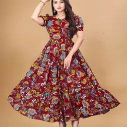 Anouk Floral Print Puff Sleeve Georgette Maxi Dress-25