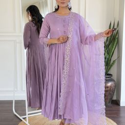KALINI Floral Embroidered Pleated Anarkali Kurta With Trousers & Dupatta-picture-18