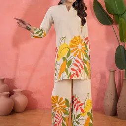 Sangria Floral Printed Pure Cotton Tunic With Palazzos-56