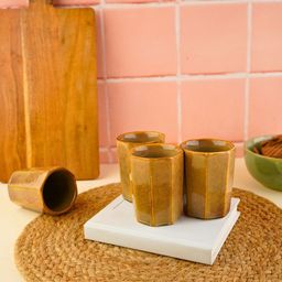 WEAVING HOMES Mustard Brown 4 Pieces Textured Ceramic Glossy Kulladhs 130 ml Each-10