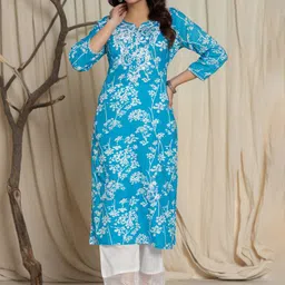Samhitas Floral Embroidered Notch Neck Cotton Straight Kurta With Trousers-picture-50