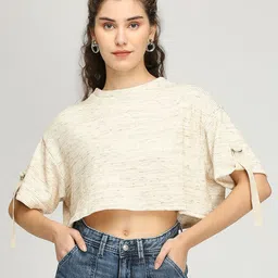 IZEL Women Self Design Round Neck Cotton Boxy T-shirt-image-32