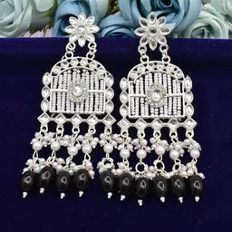 MEIRA JEWELLERY Silver-Plated Kundan Studded & Pearls Beaded Classic Drop Earrings-14