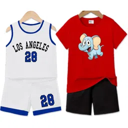 MITANSH Boys Pack Of 2 Printed Round Neck Pure Cotton T-Shirts With Shorts-58