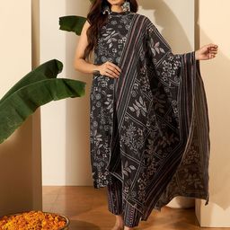 Inddus Floral Printed Round Neck Linen Kurta With Trousers & Dupatta-picture-7