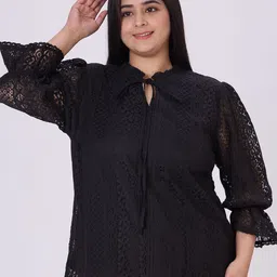 Style Quotient Plus Size Self Design Tie-Up Neck Puff Sleeve Cotton Top-picture-32