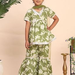 Cutiekins Girls Floral Printed Gotta Patti Pure Cotton A Line Kurta With Sharara & Dupatta-picture-11