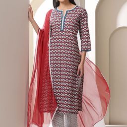 Khushal K Floral Printed Notch-Neck Pure Cotton Kurta With Trousers And Dupatta-image-87