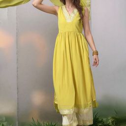 HERE&NOW Women V-Neck A-Line Regular Georgette Kurta with Palazzos & Dupatta-picture-20