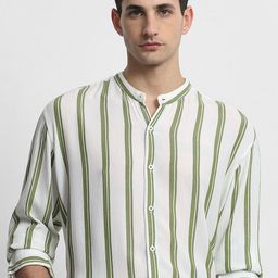 Mufti Men Vertical Striped Mandarin Collar Cotton Casual Shirt-picture-5