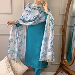 SZN Ethnic Motifs Embroidered Regular V-Neck Straight Kurta With Trousers & Dupatta-picture-14