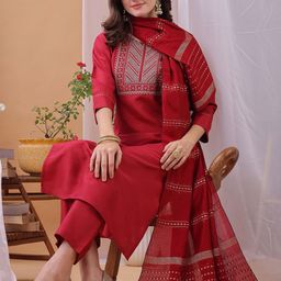 HRITIKA Women Ethnic Motifs Embroidered Sequinned Kurta with Trousers & With Dupatta-0