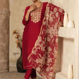 Sangria Embroidered Straight Zari Kurta With Trouser & Chanderi Dupatta-image-40