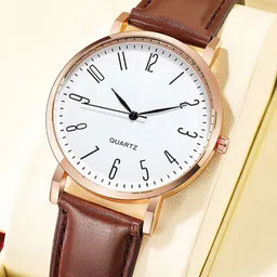 JUST LIKE Men Round Dial And Leather Straps Analogue Watch 601 white dial brown belt-6