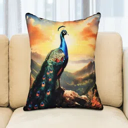 BED-SHEET.COM Green & Yellow Peacock Digital Printed Jute Cotton Square Cushion Cover-image-96