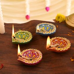 Aura Green & Blue 4 Pieces Floral Printed Terracotta Diwali Diya-image-80