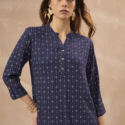 all about you Geometric Print Mandarin Collar Roll-Up Sleeves Empire Top-image-77