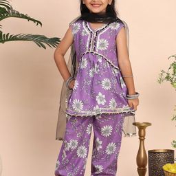 Cutiekins Girls Floral Printed V-Neck Gotta Patti A-Line Kurta With Palazzos & Dupatta-picture-1