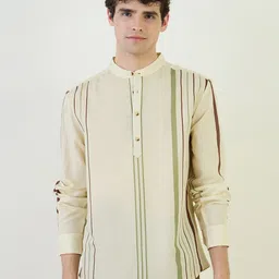 Iconic Striped Band Collar Regular Fit Shirt-image-14
