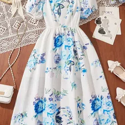 White World Girls Floral Print Fit & Flare Maxi Dress-image-66