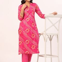 PIROH Bandhani Printed Mandarin Collar Pure Cotton Straight Kurta with Trousers-image-17