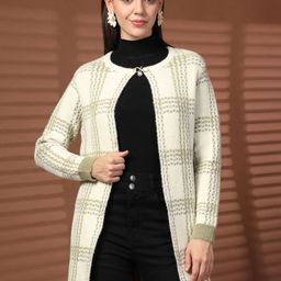 Juelle Checked Tie-Up Neck Open Front Longline Wool Shrug-9