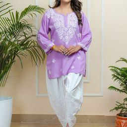 ADR CHIKAN Women Floral Embroidered Lucknowi Chikankari Straight Kurti with Dhoti Pants-picture-52