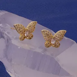 EL JOYERO Gold Plated Crystal Quartz & CZ Studded Butterfly Shaped Studs Earrings-image-14