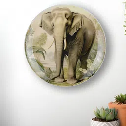 Maison Modern Brown & Green Elephant Printed Iron Round Wall Plate-55
