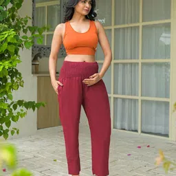 Aujjessa Women Solid Relaxed Straight Leg Mom Fit High-Rise Maternity Cotton Trousers-picture-16
