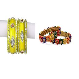SOMIL Set of 8 Yellow Alloy Artificial Stones & Beads Bangles-image-11