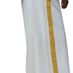 Prakasam Cotton Premium Quality Welcro Pocket ( sticker Dhoti) Jari gold border Cotton White Solid Men Dhoti-image-36