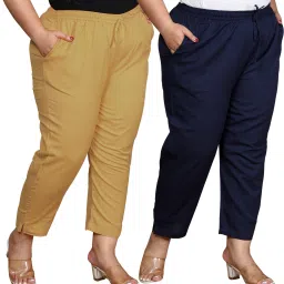 Pack of 2 Women Regular Fit Beige, Dark Blue Pure Cotton Trousers-picture-28