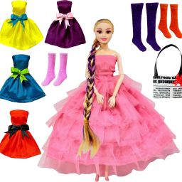 Long Hair Doll with Rose Golds Frock, 4 Doll Dresses, 3 Pair Doll Socks & 1 Bag-13