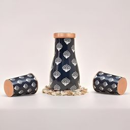 veda essentials. Copper-Toned & Blue Set of 3 Copper Printed Water Bottle-34