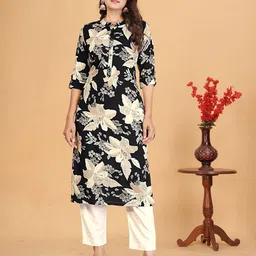 J 6 DESIGNER Floral Printed Mandarin Collar Straight Kurta-image-2